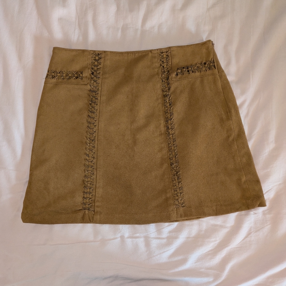 Cato A-Line Mini Skirt Faux Suede Camel Tan with Braided Accents